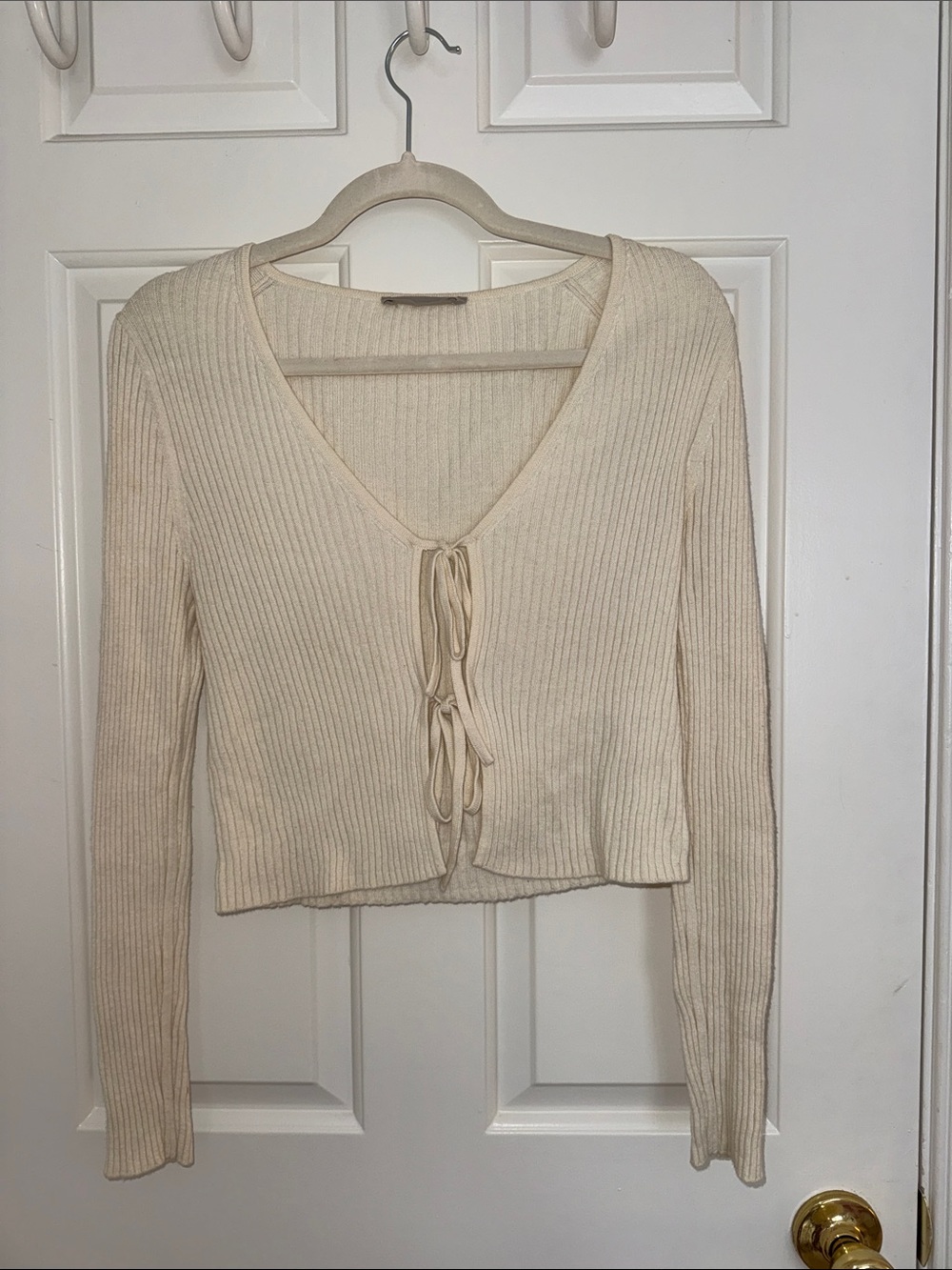Everlane Cream Ribbed Tie-Front Cardigan